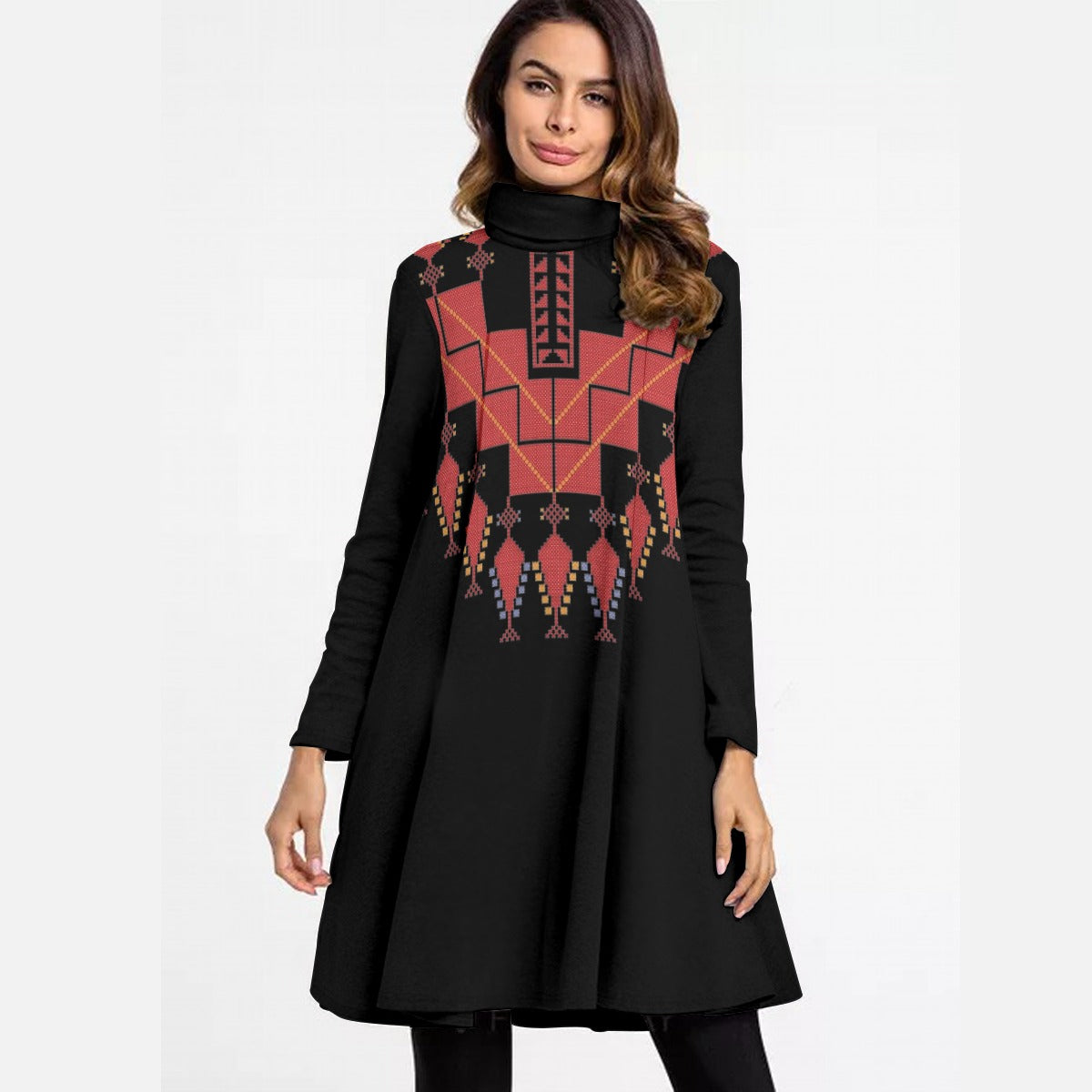 Palestinian Tatreez Print Women's High Neck Dress With Long Sleeve, Red