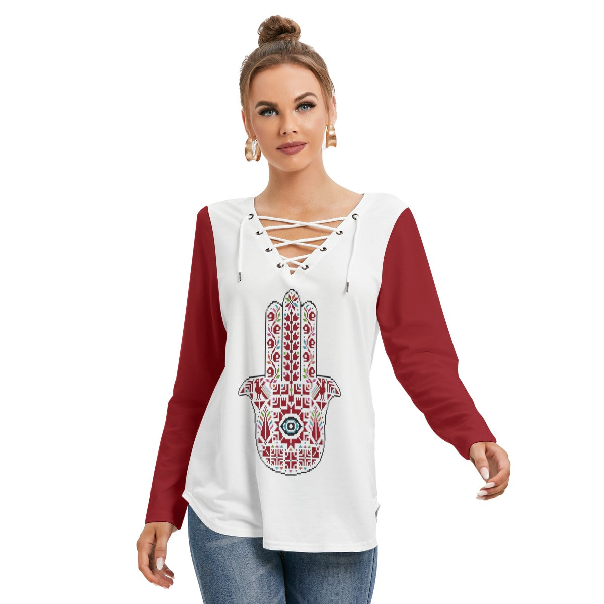 Palestinian Tatreez Hamsa Print Women's Long Sleeve Neckline Tie Sweatshirt, Red