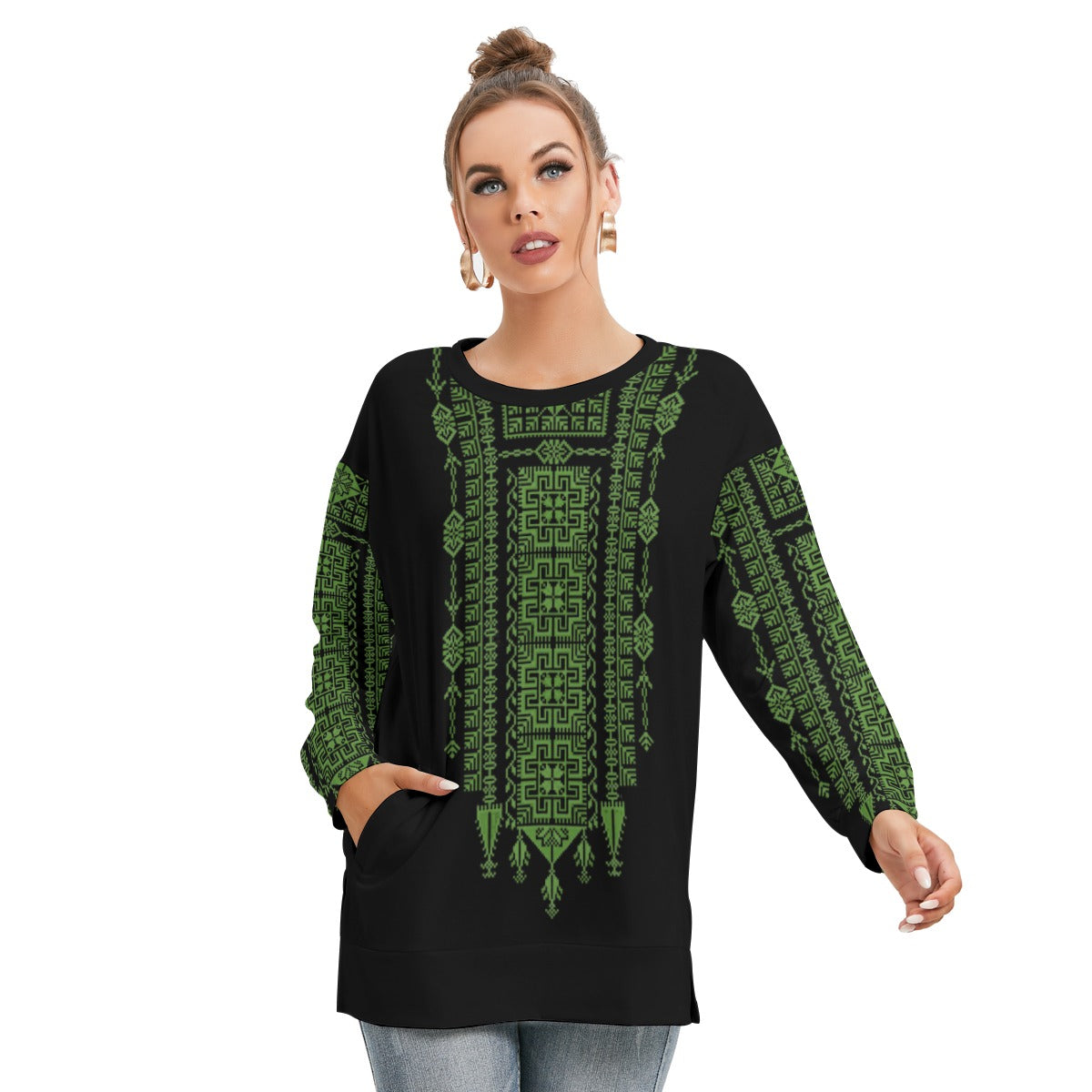 Palestinian Tatreez pattern - All-Over Print Women's Side Split O-neck Sweatshirt