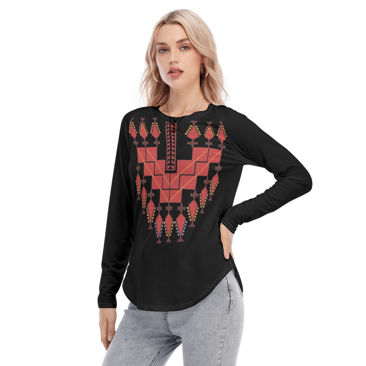 Palestinian Tatreez Print Women's Raglan Sleeves U-Shaped Hem Long Sleeves Blouse, Red