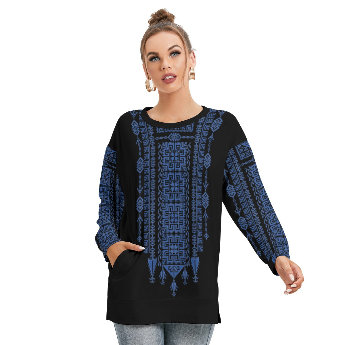 Palestinian Tatreez Pattern Print - All-Over Print Women's Side Split O-neck Sweatshirt