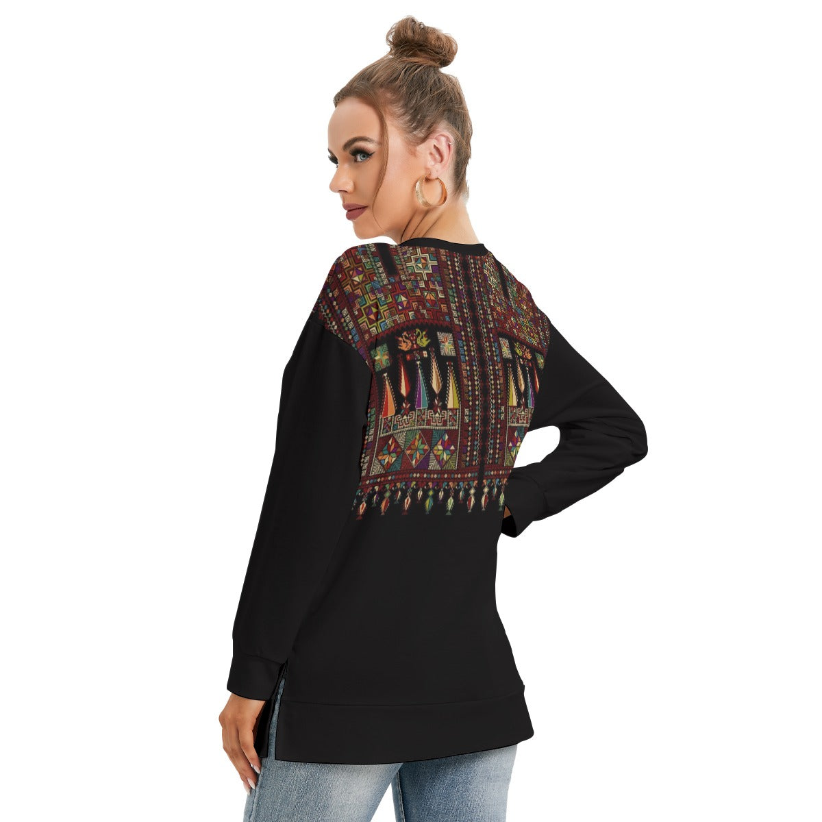 Palestinian Tatreez Pattern print - All-Over Print Women's Side Split O-neck Sweatshirt