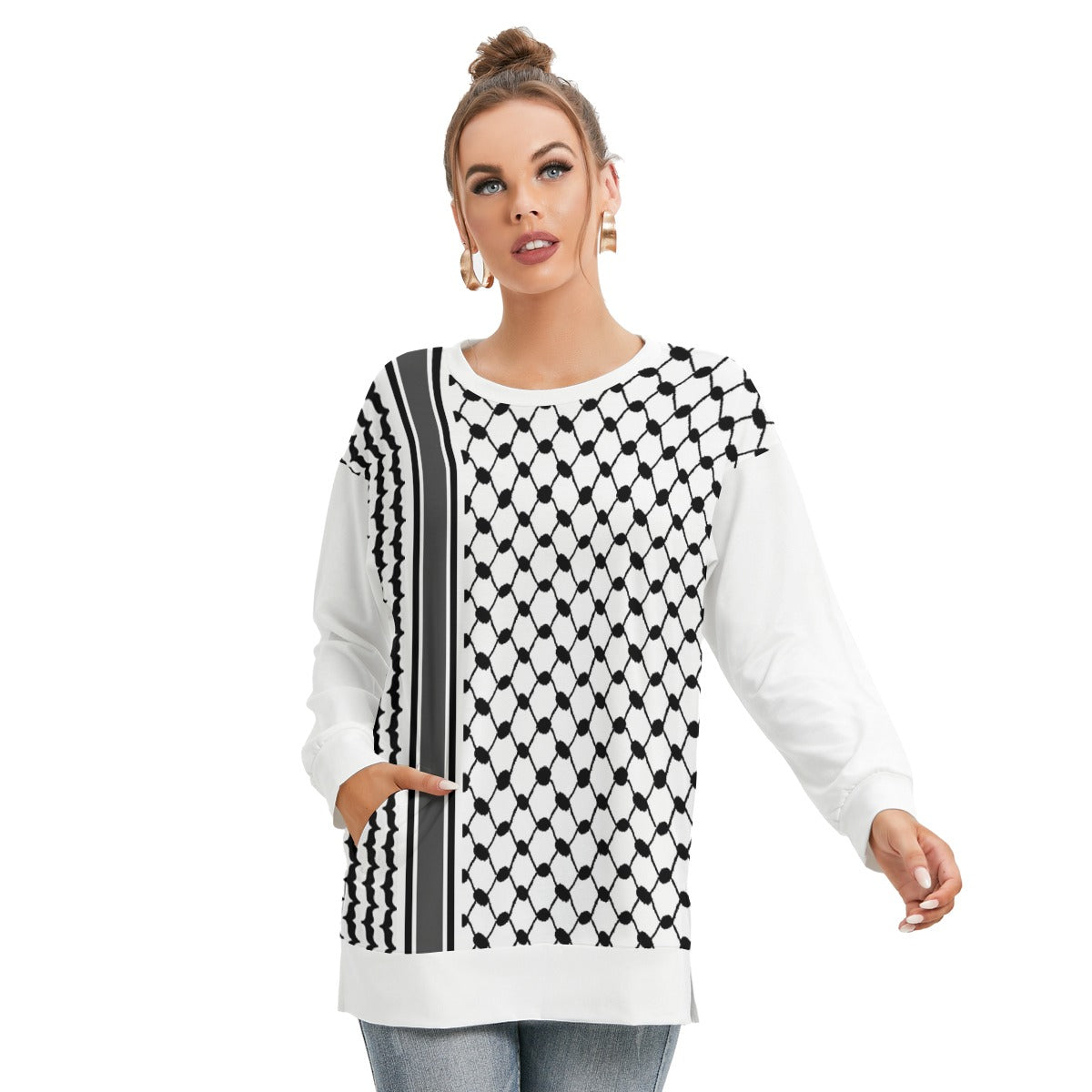 Palestinian Keffiyeh, Kufiyah All-Over Print Women's Side Split O-neck Sweatshirt