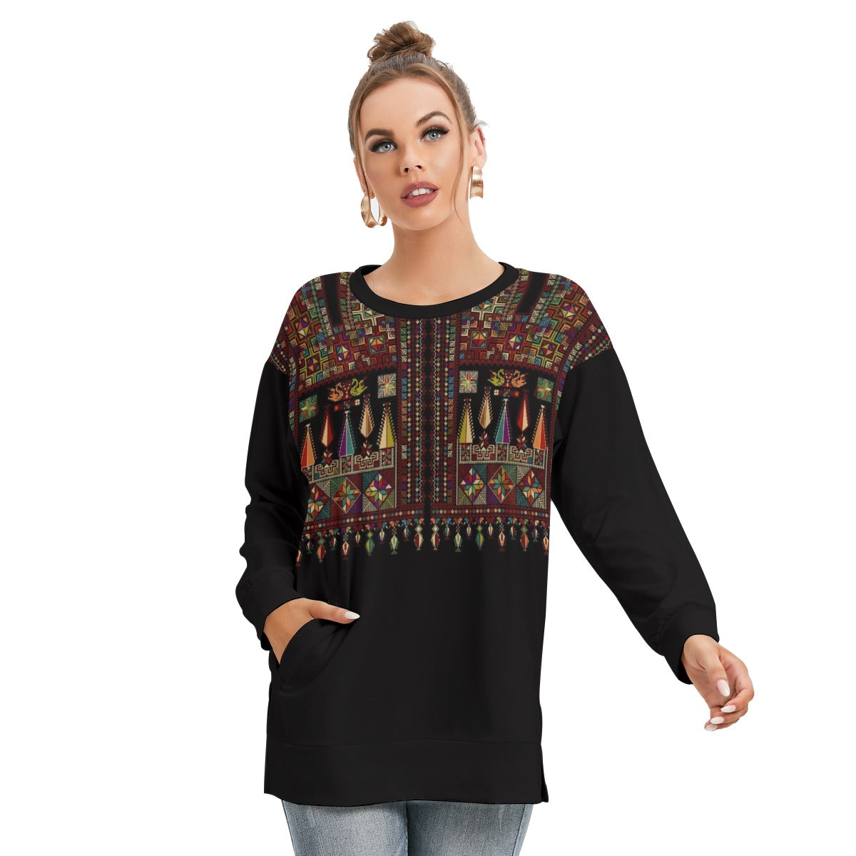 Palestinian Tatreez Pattern print - All-Over Print Women's Side Split O-neck Sweatshirt