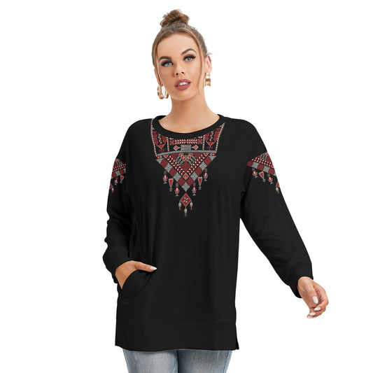 Palestinian Tatreez Print Women's Side Split O-neck Sweatshirt