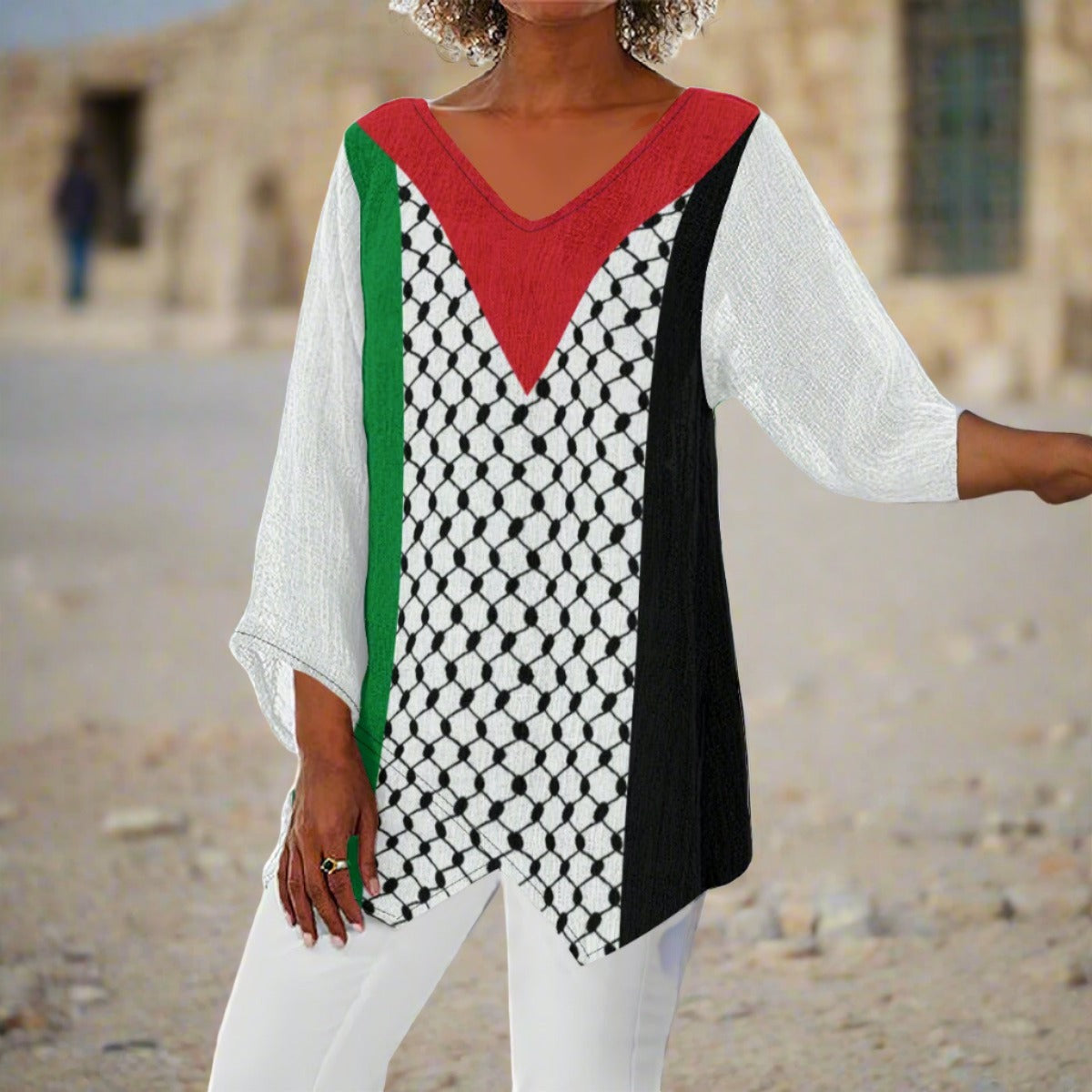 Palestinian Flag Gaza Freedom All-Over Print Women's V-neck T-shirt With Irregular Hem Blouse