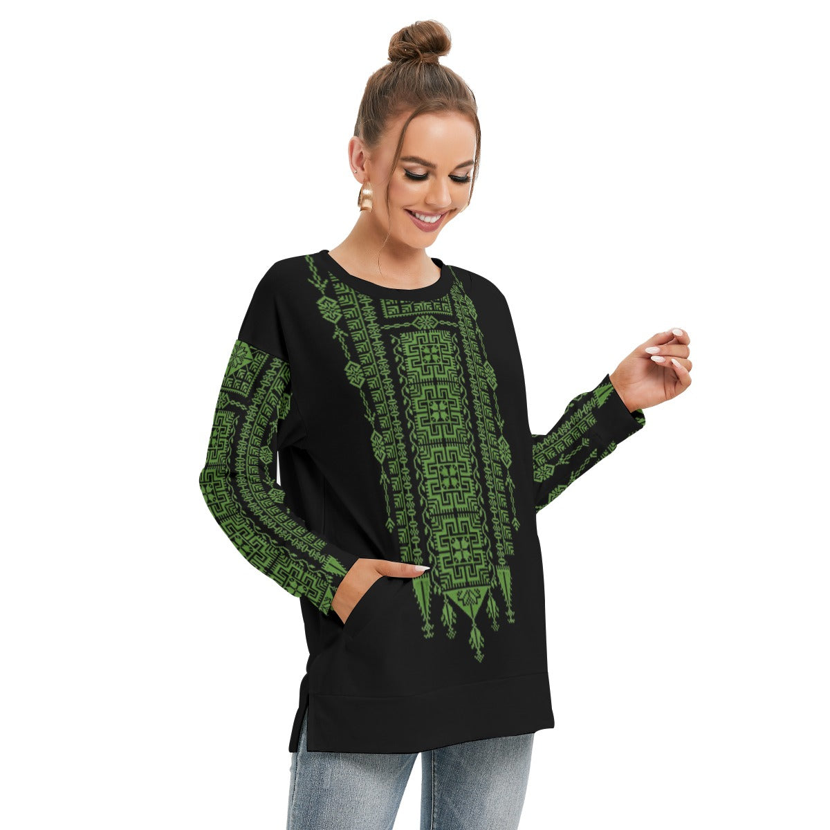 Palestinian Tatreez pattern - All-Over Print Women's Side Split O-neck Sweatshirt