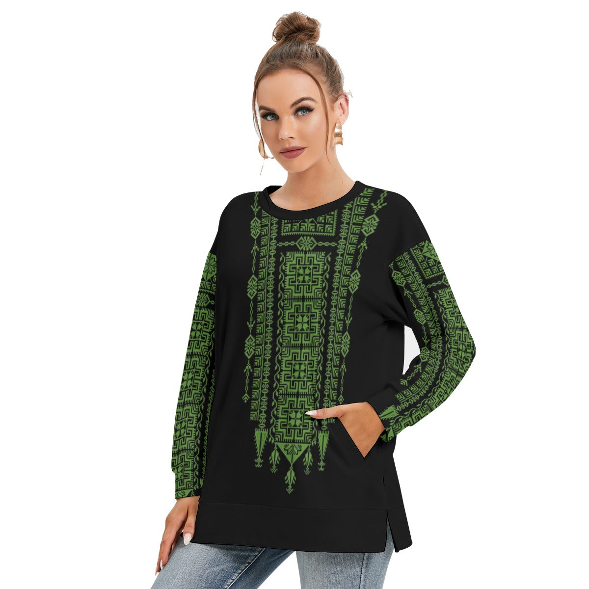 Palestinian Tatreez pattern - All-Over Print Women's Side Split O-neck Sweatshirt