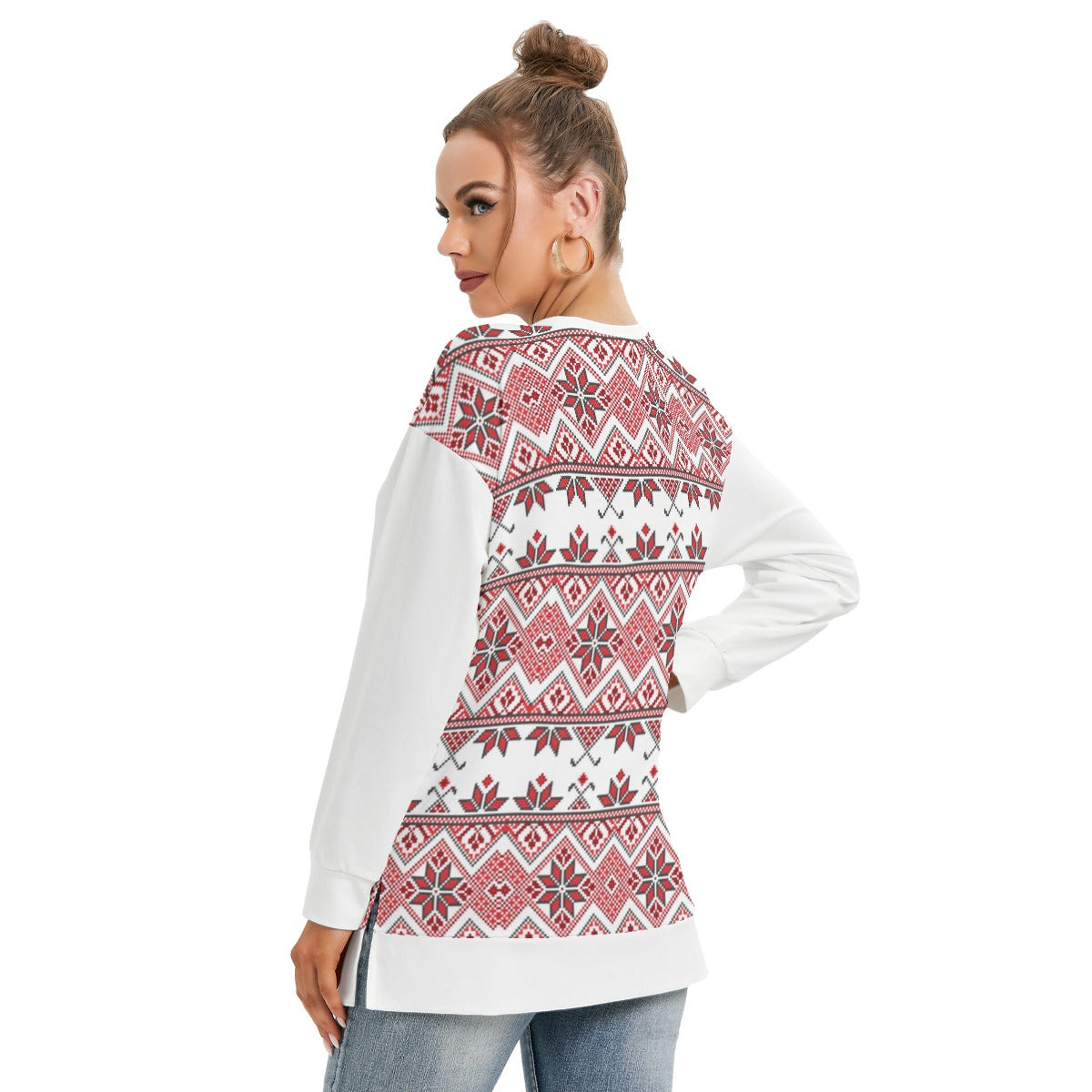 Palestinian Tatreez Pattern Print  - All-Over Print Women's Side Split O-neck Sweatshirt, Red