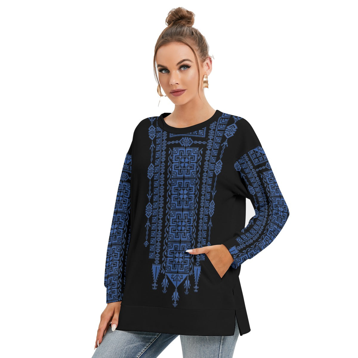 Palestinian Tatreez Pattern Print - All-Over Print Women's Side Split O-neck Sweatshirt