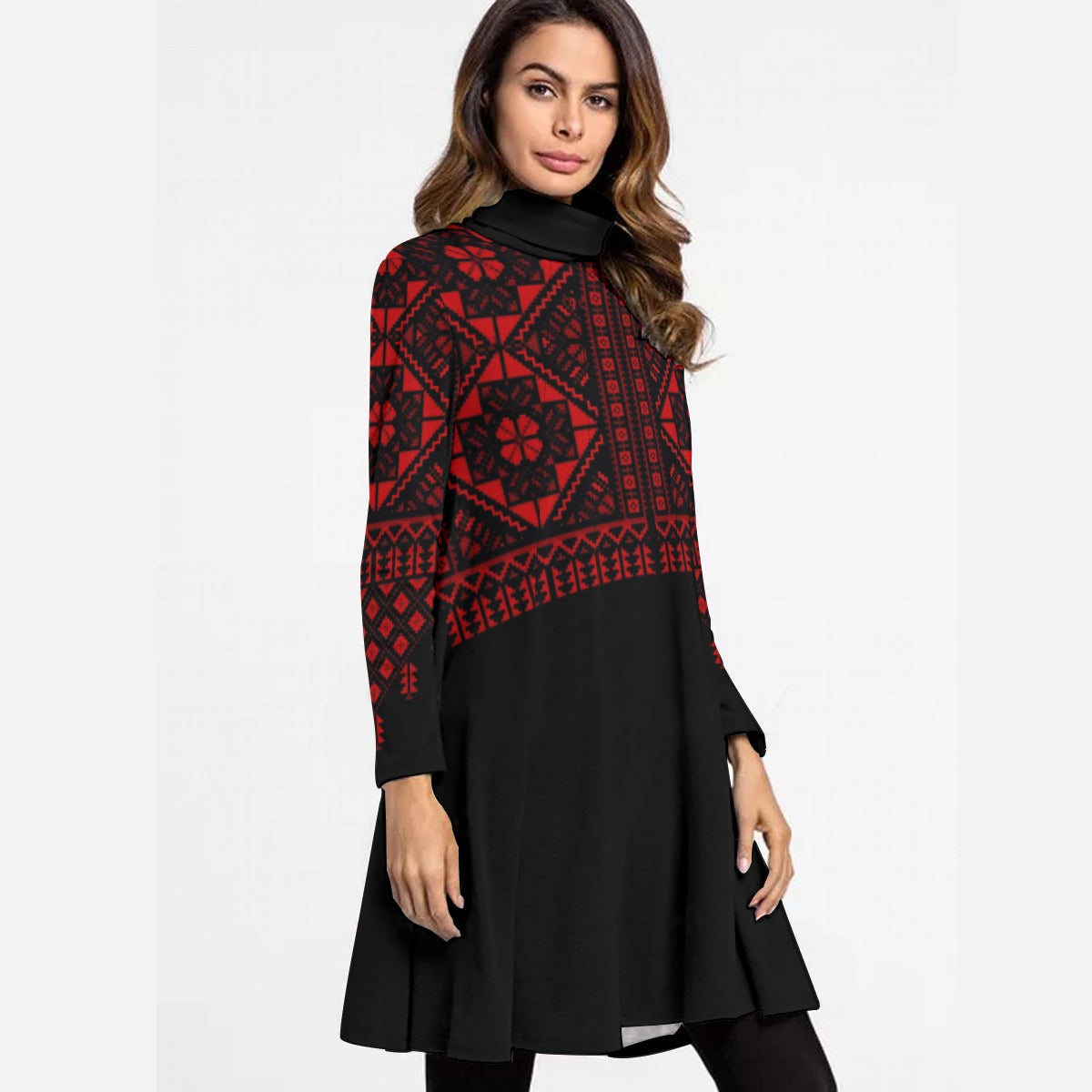 Palestinian tatreez print Women's High Neck Dress With Long Sleeve, Red