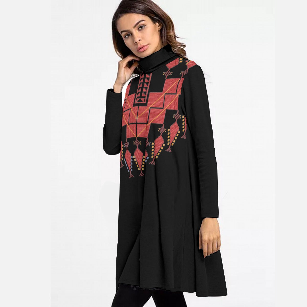 Palestinian Tatreez Print Women's High Neck Dress With Long Sleeve, Red