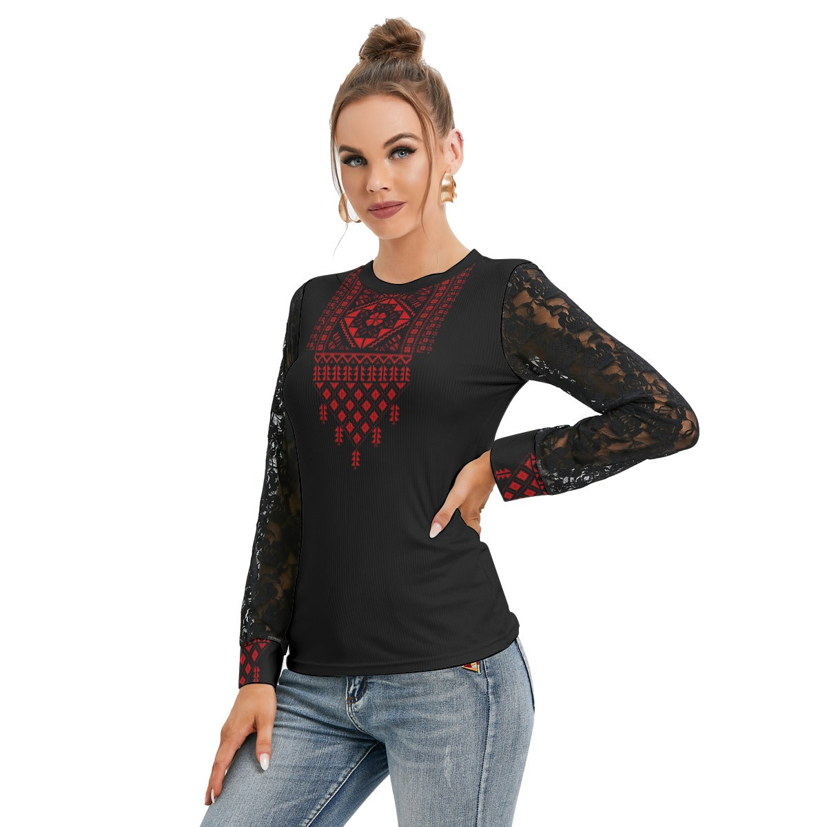 Palestinian Tatreez Print Women's T-shirt And Sleeve With Black Lace, Red