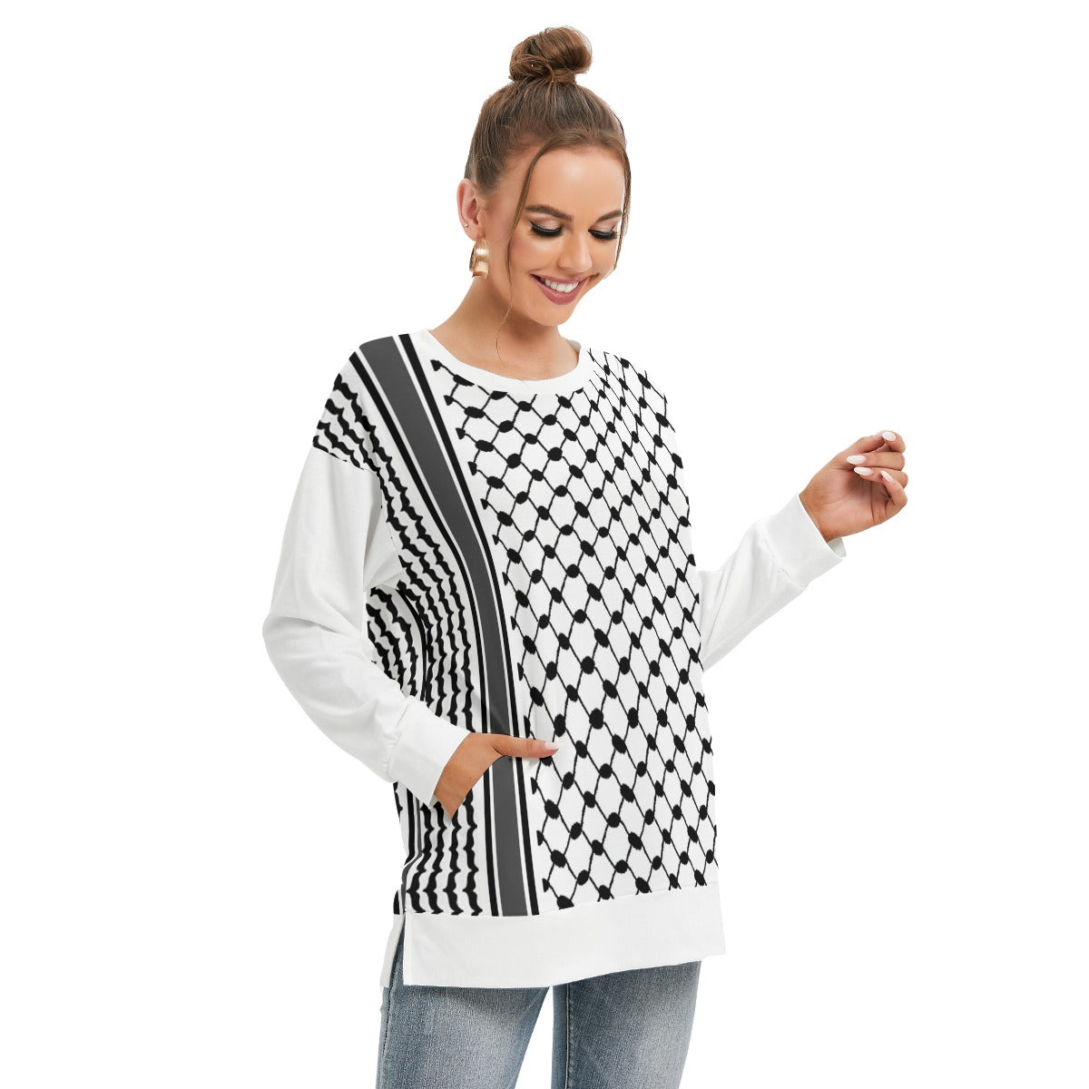 Palestinian Keffiyeh, Kufiyah All-Over Print Women's Side Split O-neck Sweatshirt