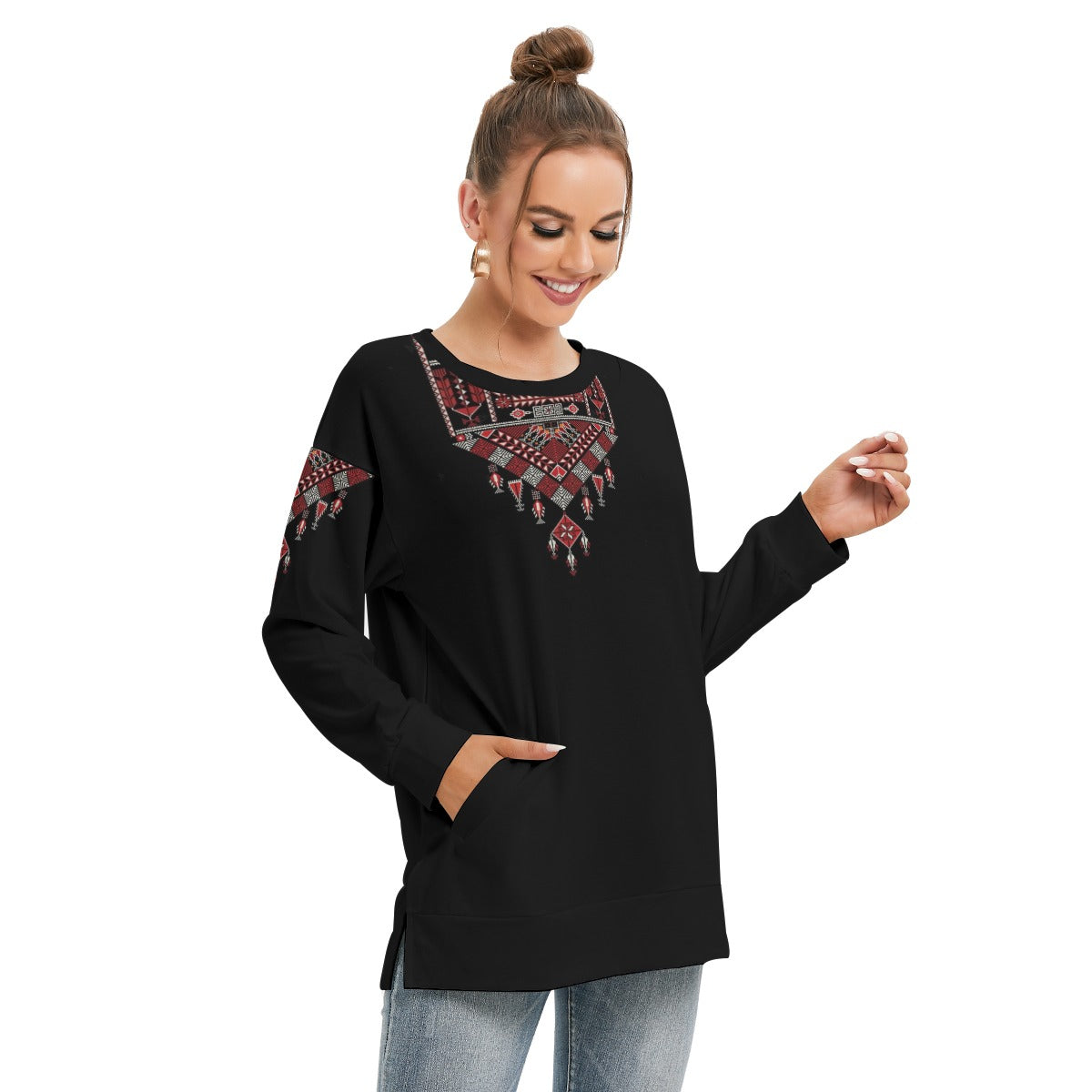 Palestinian Tatreez Print Women's Side Split O-neck Sweatshirt