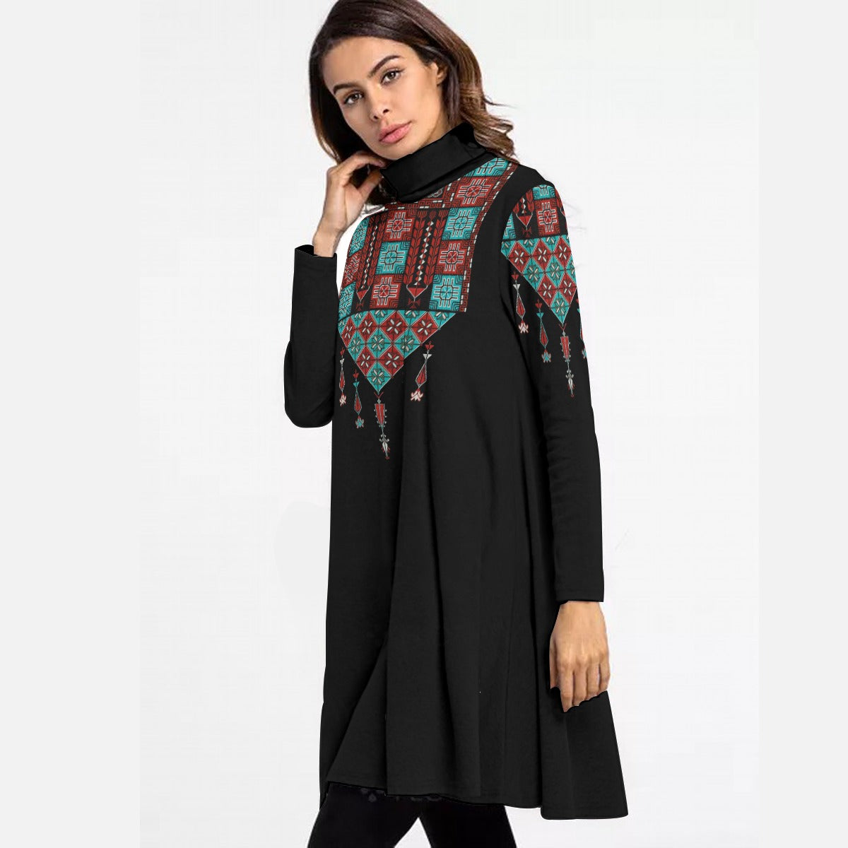 Palestinian tatreez print women's High Neck Dress With Long Sleeve