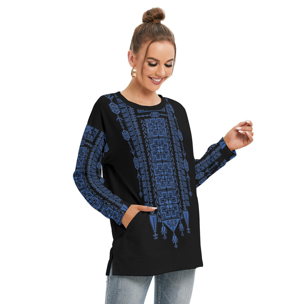 Palestinian Tatreez Pattern Print - All-Over Print Women's Side Split O-neck Sweatshirt