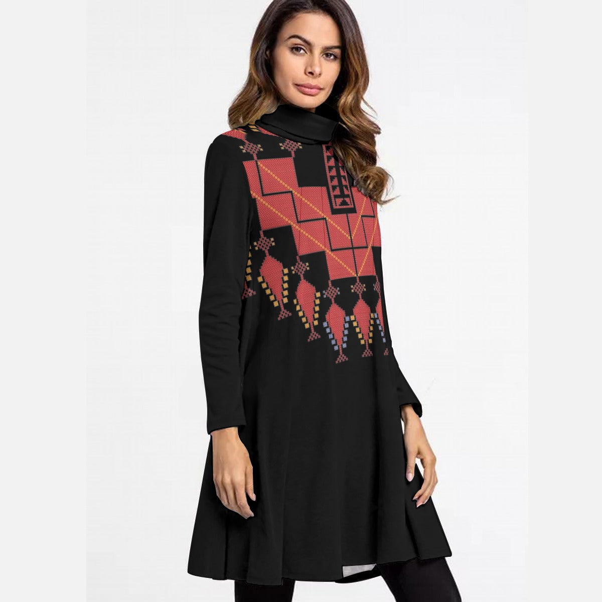 Palestinian Tatreez Print Women's High Neck Dress With Long Sleeve, Red