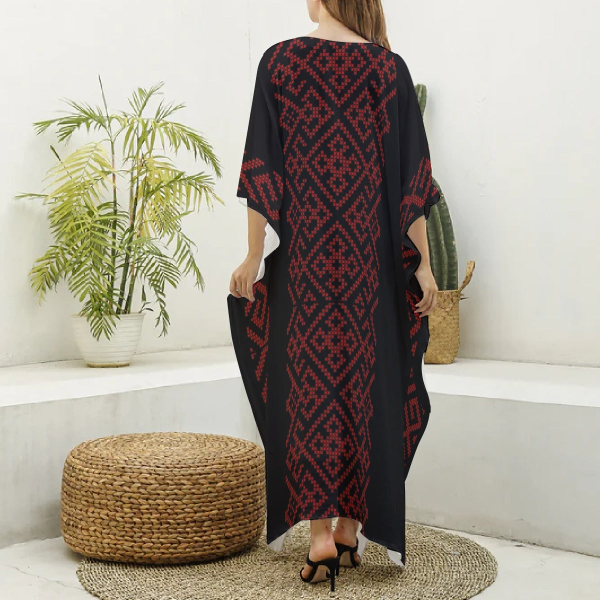 Palestinian Tatreez Print Imitation Silk V-neck Kaftan Robe Abaya,, Red