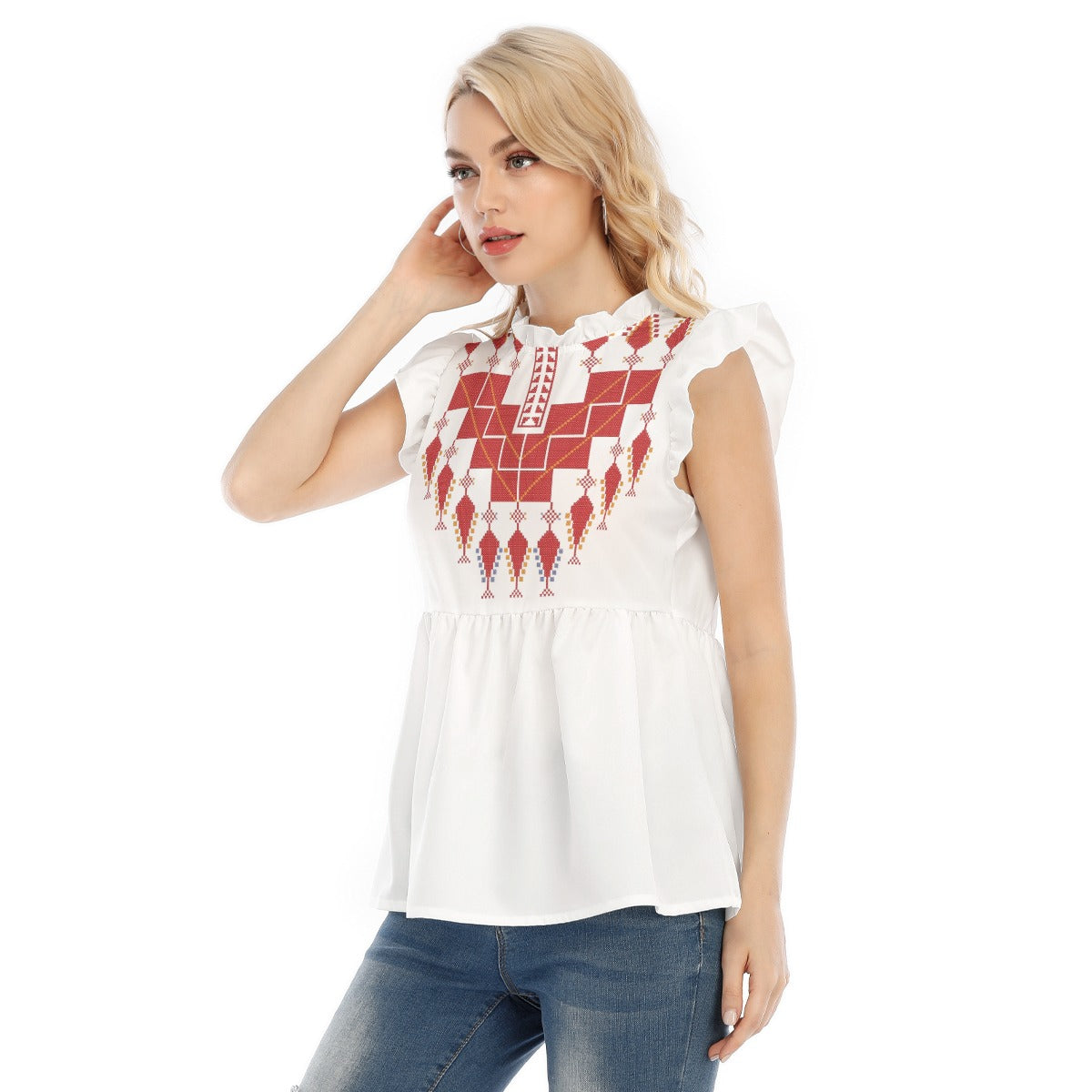 Palestinian Tatreez Print Women's Blouse With Lotus Leaf Lace, Red