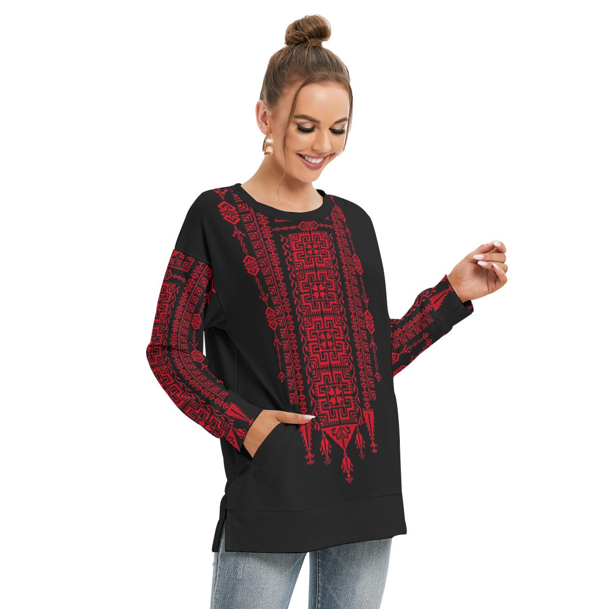 Palestinian Tatreez Print - All-Over Print Women's Side Split O-neck Sweatshirt, Red