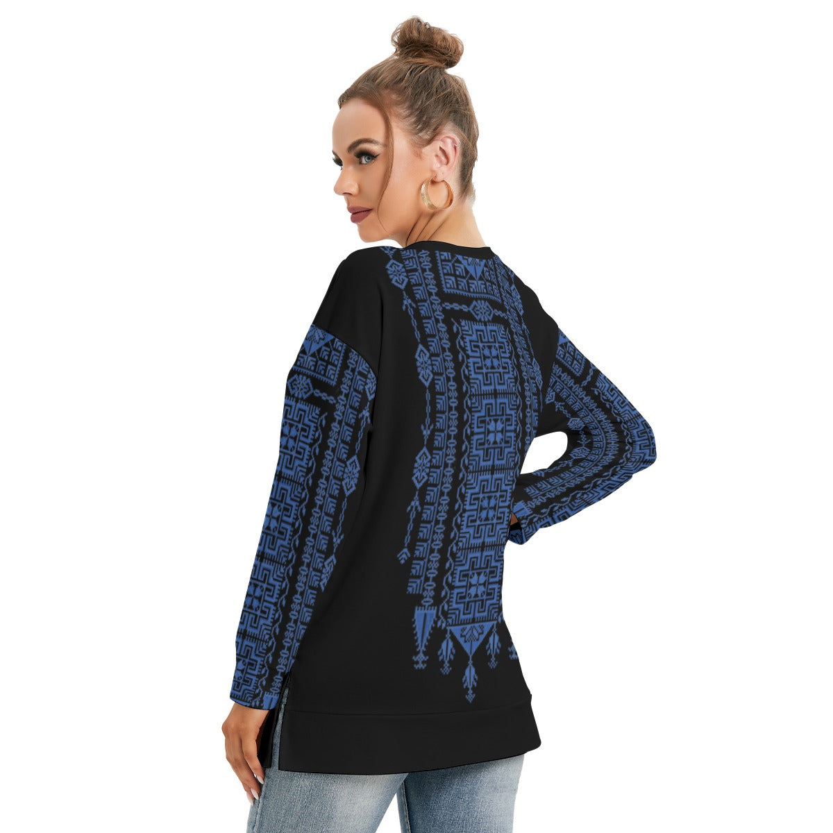 Palestinian Tatreez Pattern Print - All-Over Print Women's Side Split O-neck Sweatshirt