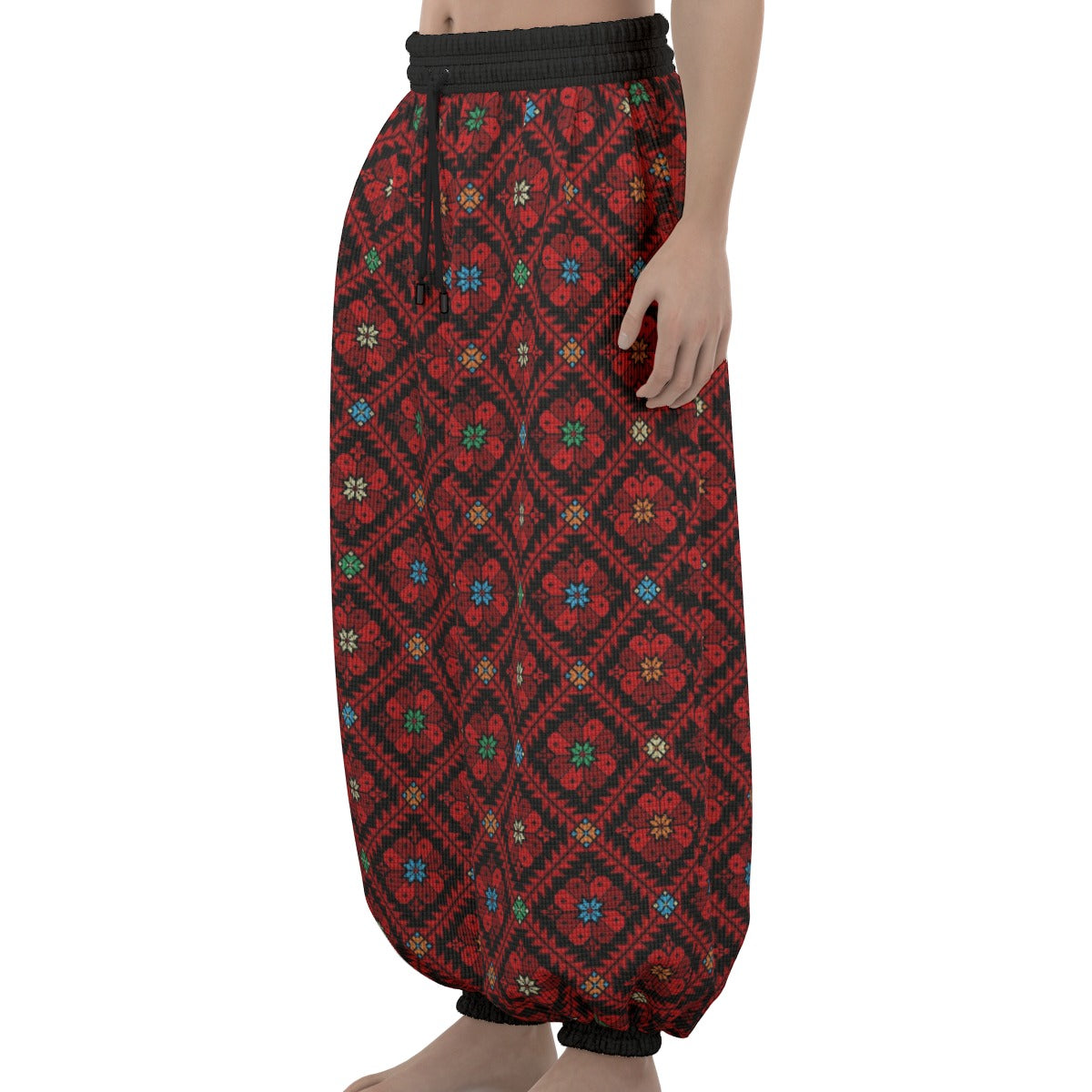 Palestinian Tatreez Print Unisex Lantern Dabkeh Pants, Red