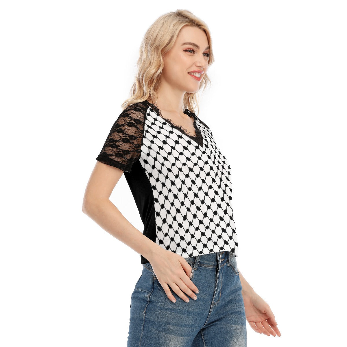 Palestinian Kuffiyeh Print Women's V-neck T-shirt With Lace