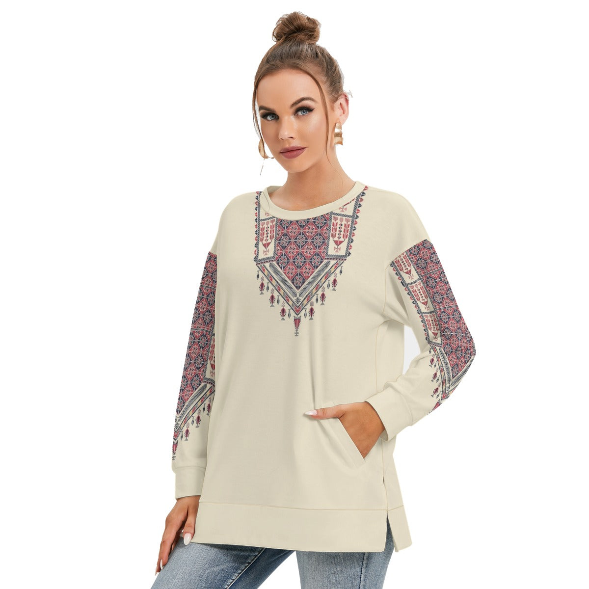 Palestinian Tatreez Over Print Women's Side Split O-neck Sweatshirt