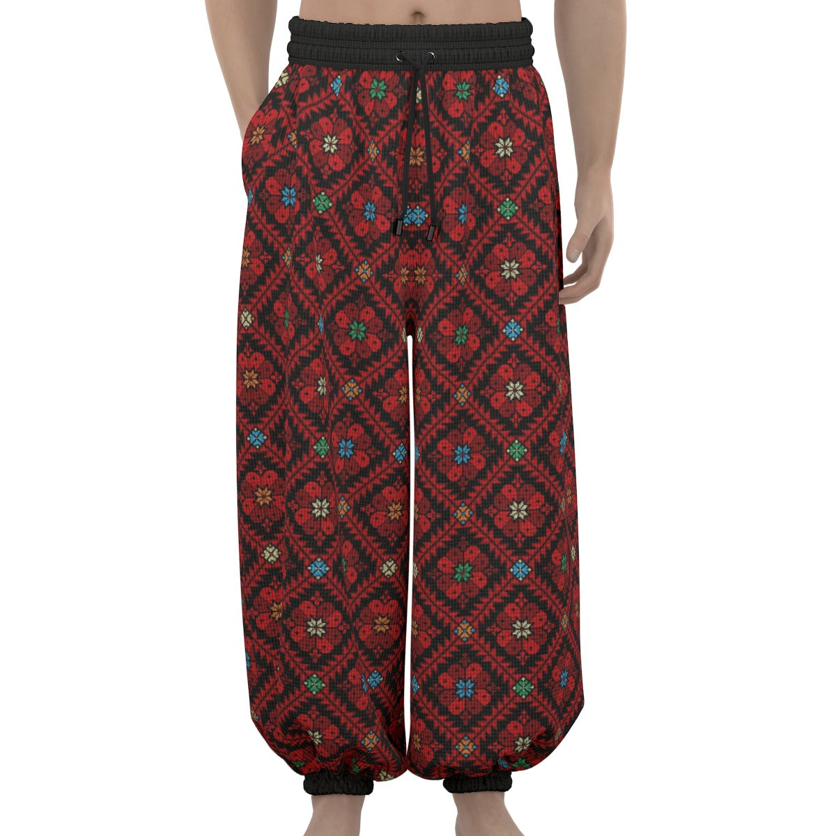 Palestinian Tatreez Print Unisex Lantern Dabkeh Pants, Red