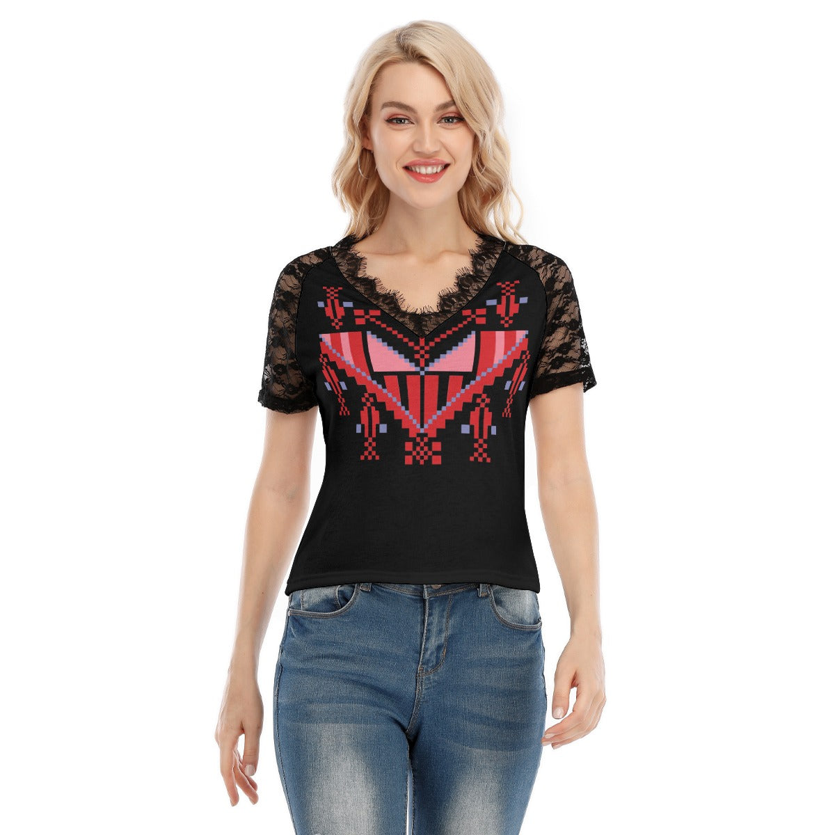 Palestinian Tatreez Print Women's V-neck T-shirt With Lace, Red