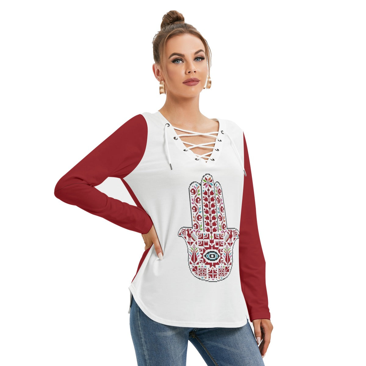 Palestinian Tatreez Hamsa Print Women's Long Sleeve Neckline Tie Sweatshirt, Red