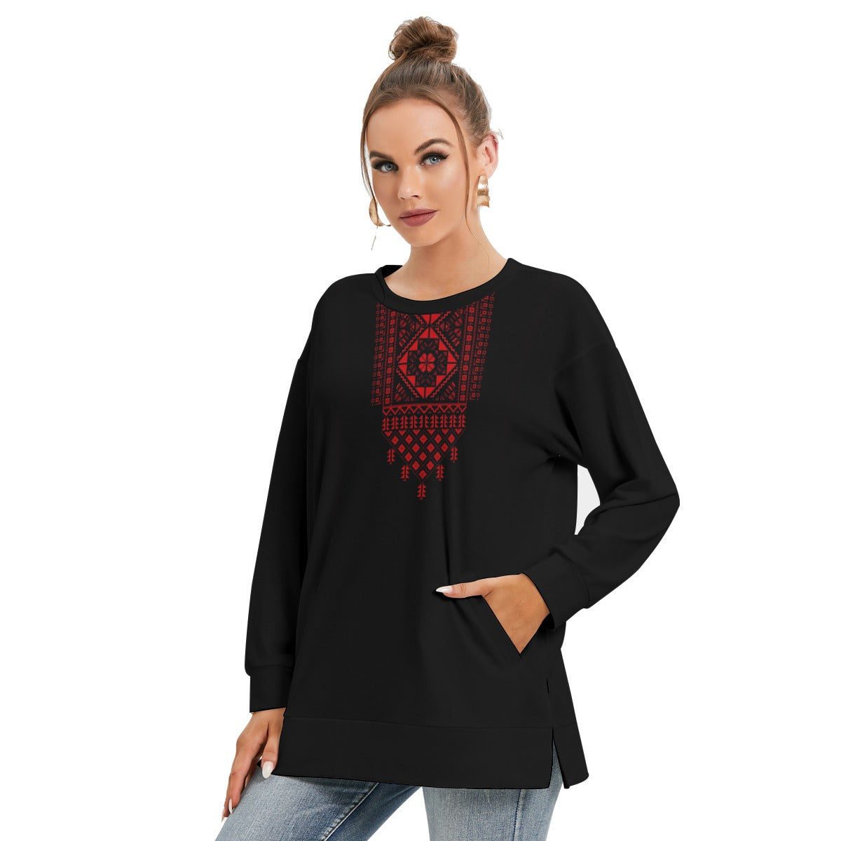 Palestinian Tatreez Print Women's Side Split O-neck Sweatshirt, Red