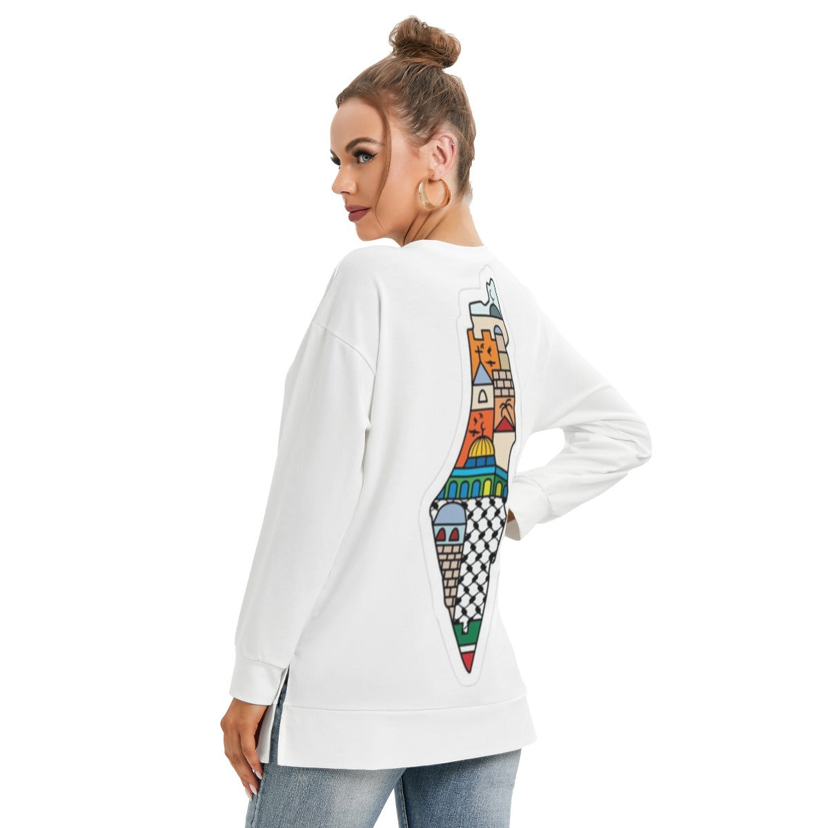 Palestinian Resistance Solidarity Heroes Print Women's Side Split O-neck Sweatshirt