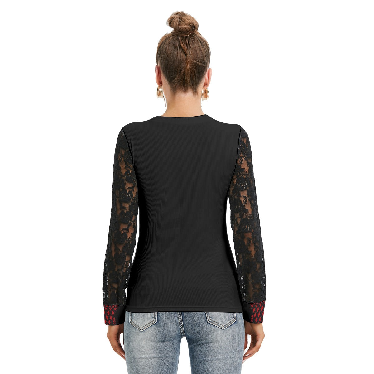 Palestinian Tatreez Print Women's T-shirt And Sleeve With Black Lace, Red