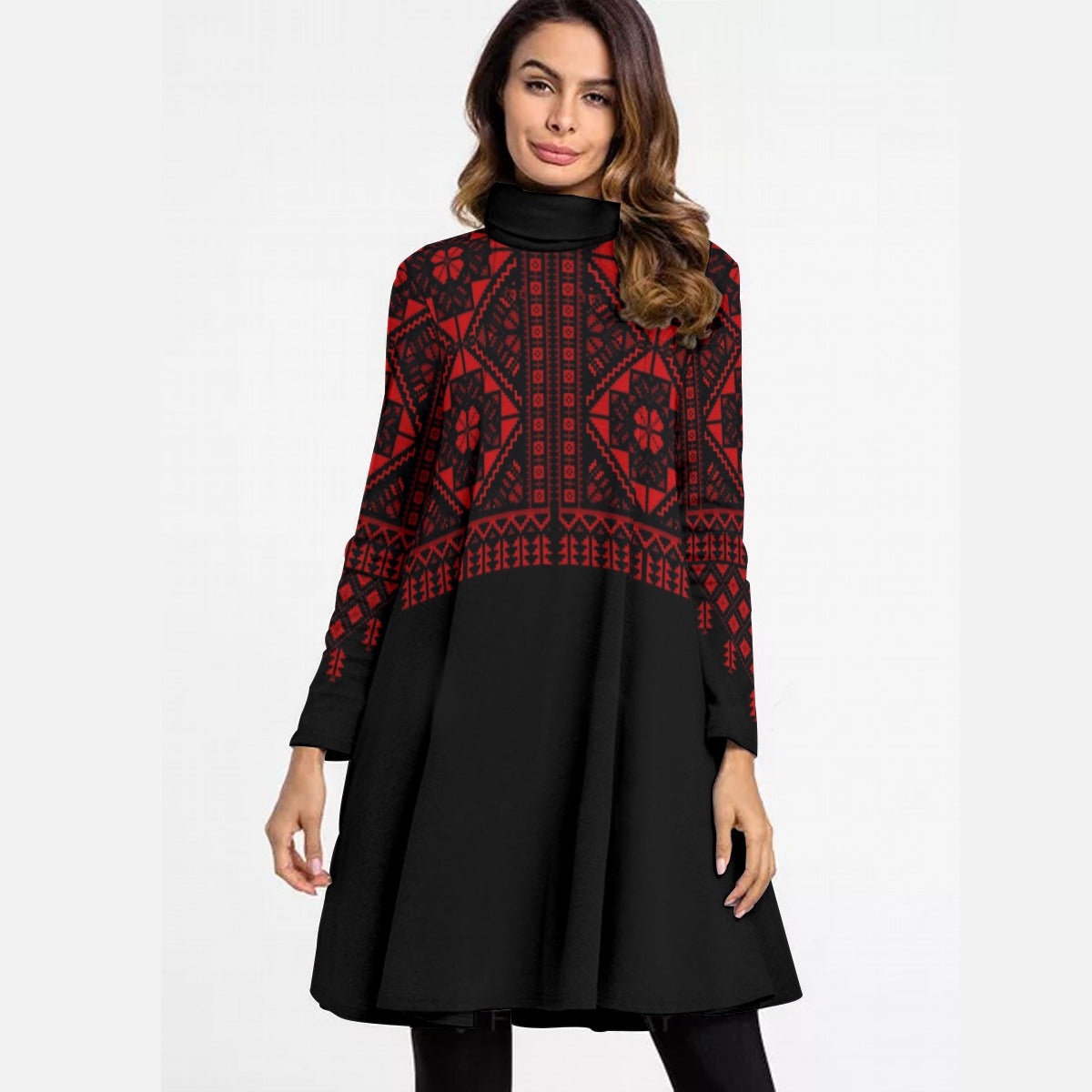 Palestinian tatreez print Women's High Neck Dress With Long Sleeve, Red