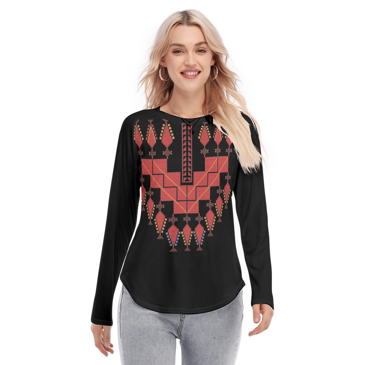 Palestinian Tatreez Print Women's Raglan Sleeves U-Shaped Hem Long Sleeves Blouse, Red