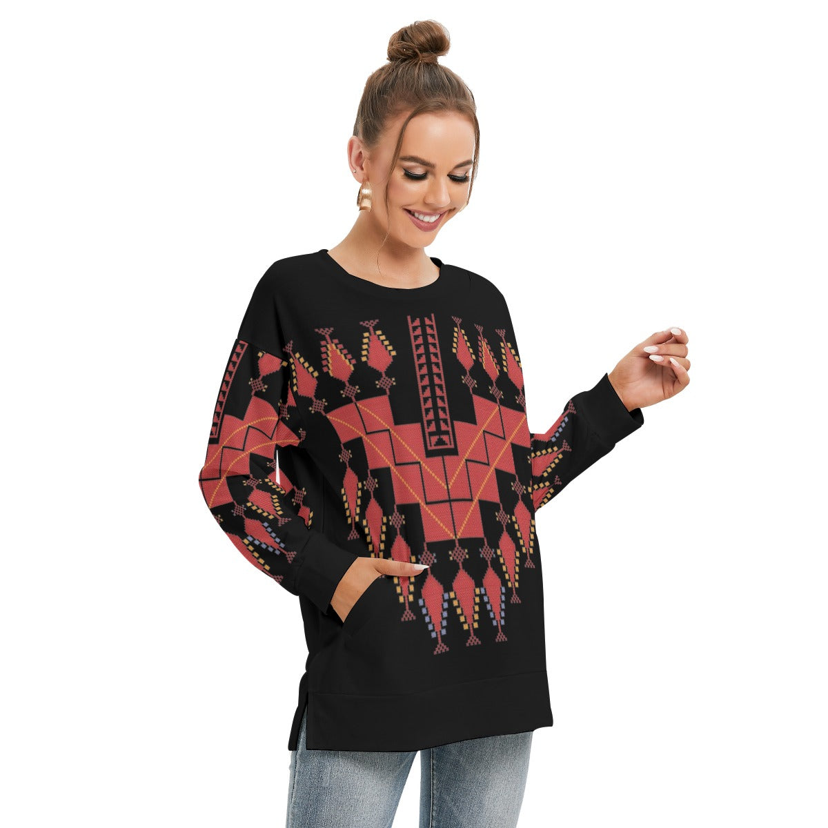 Palestinian Tatreez Print - All-Over Print Women's Side Split O-neck Sweatshirt, Red