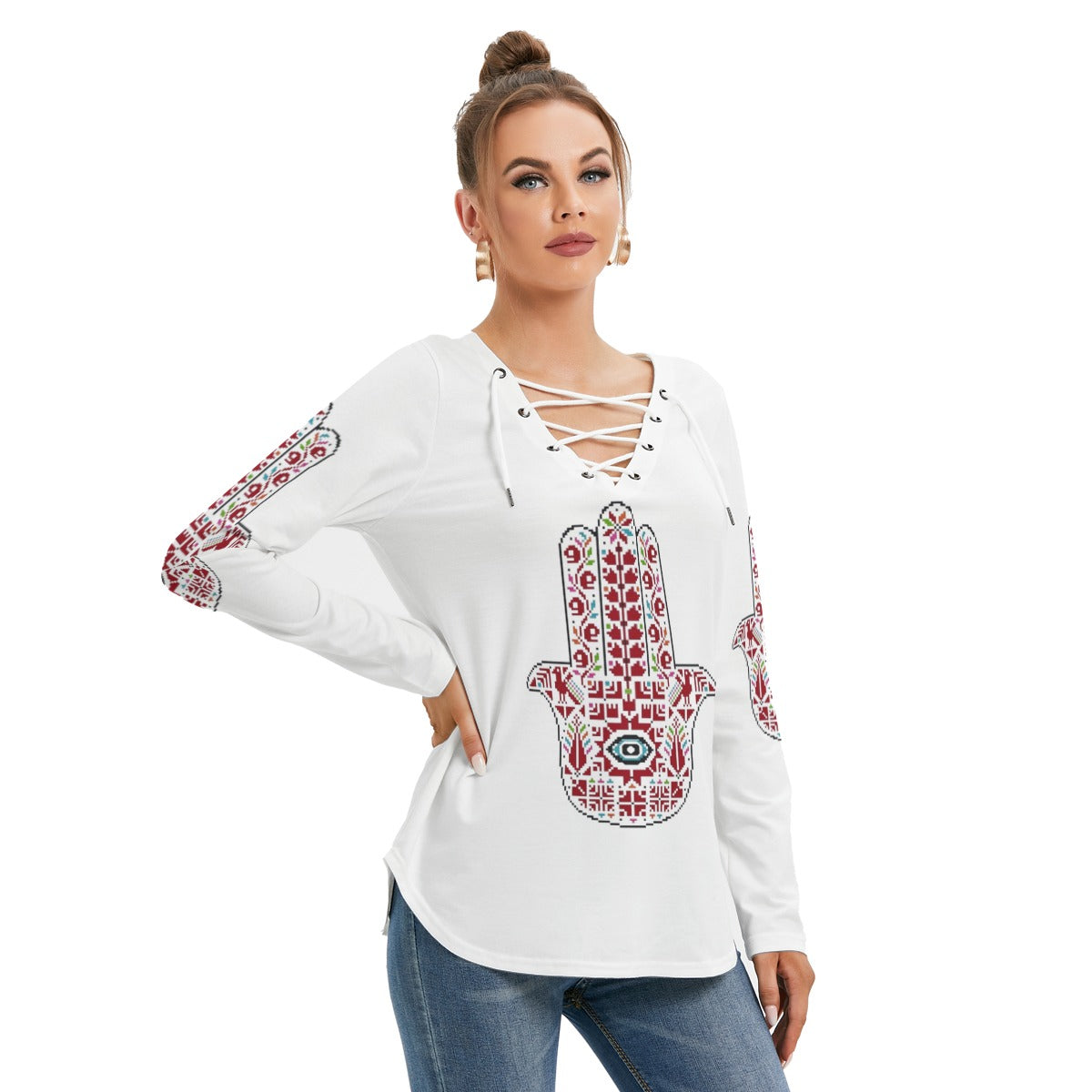 Palestinian Tatreez Print, Hamsa, Women's Long Sleeve Neckline Tie Sweatshirt, Red