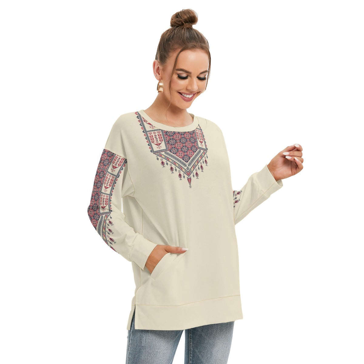 Palestinian Tatreez Over Print Women's Side Split O-neck Sweatshirt