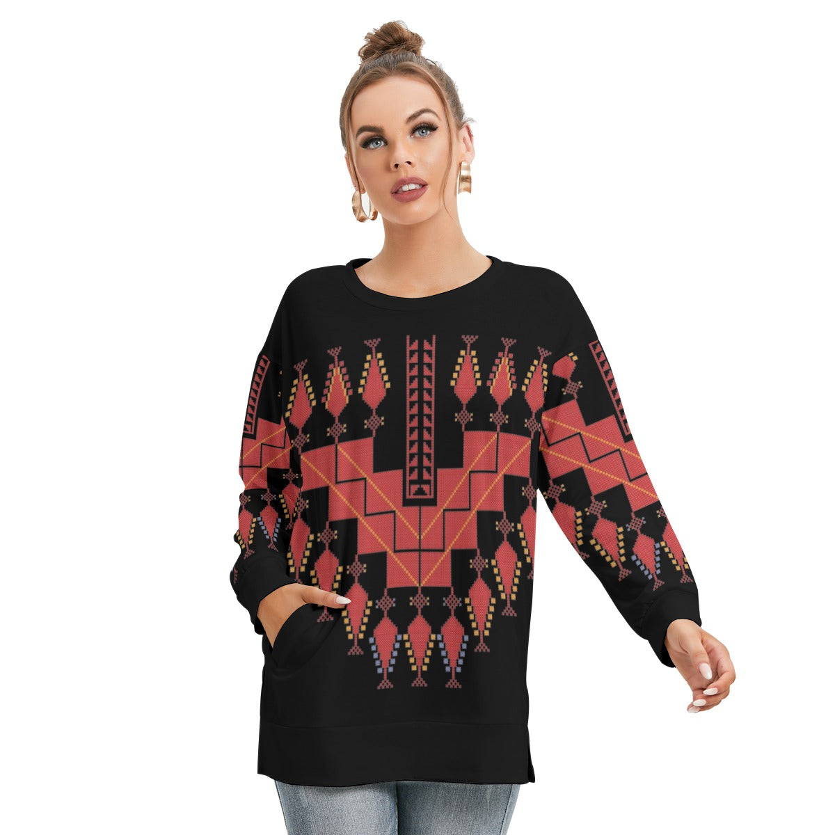 Palestinian Tatreez Print - All-Over Print Women's Side Split O-neck Sweatshirt, Red