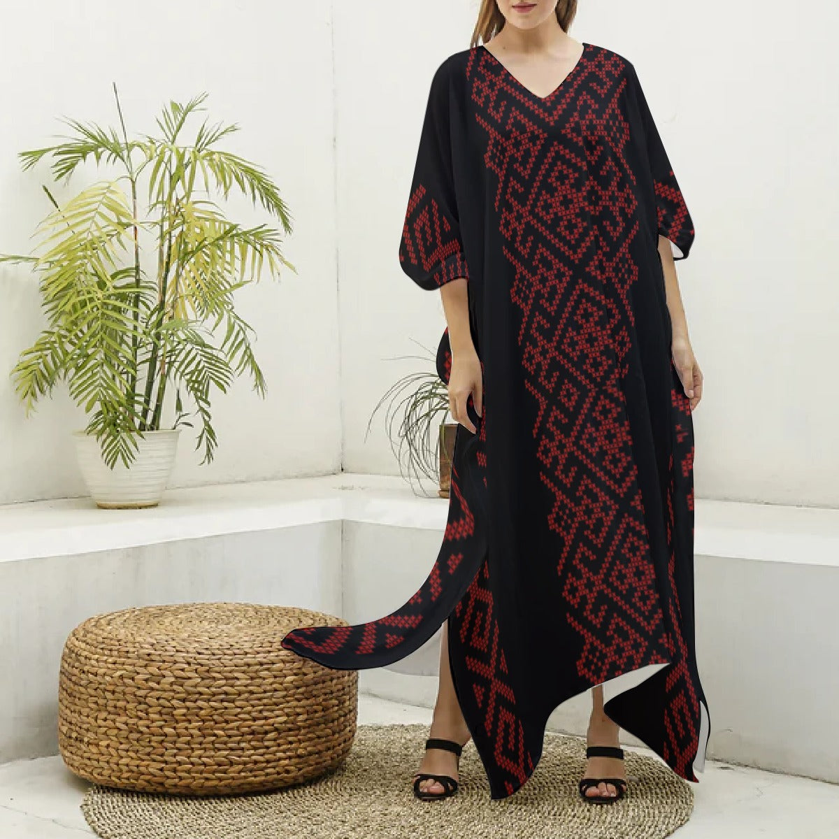 Palestinian Tatreez Print Imitation Silk V-neck Kaftan Robe Abaya,, Red