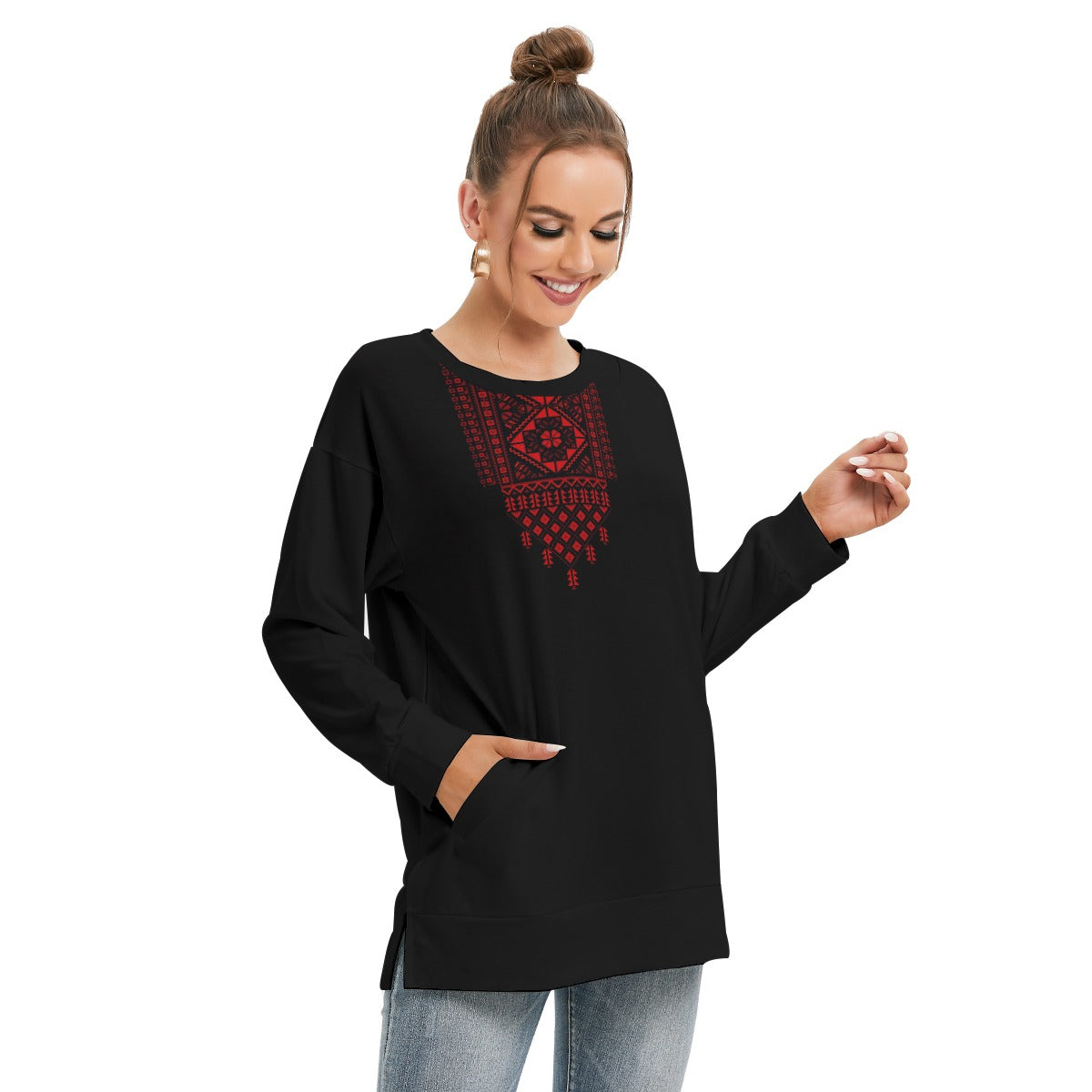 Palestinian Tatreez Print Women's Side Split O-neck Sweatshirt, Red