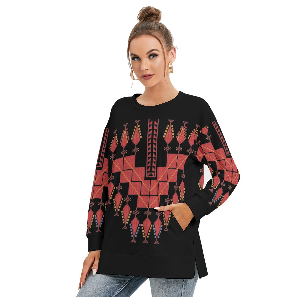 Palestinian Tatreez Print - All-Over Print Women's Side Split O-neck Sweatshirt, Red