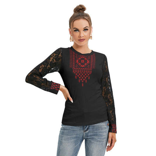 Palestinian Tatreez Print Women's T-shirt And Sleeve With Black Lace, Red