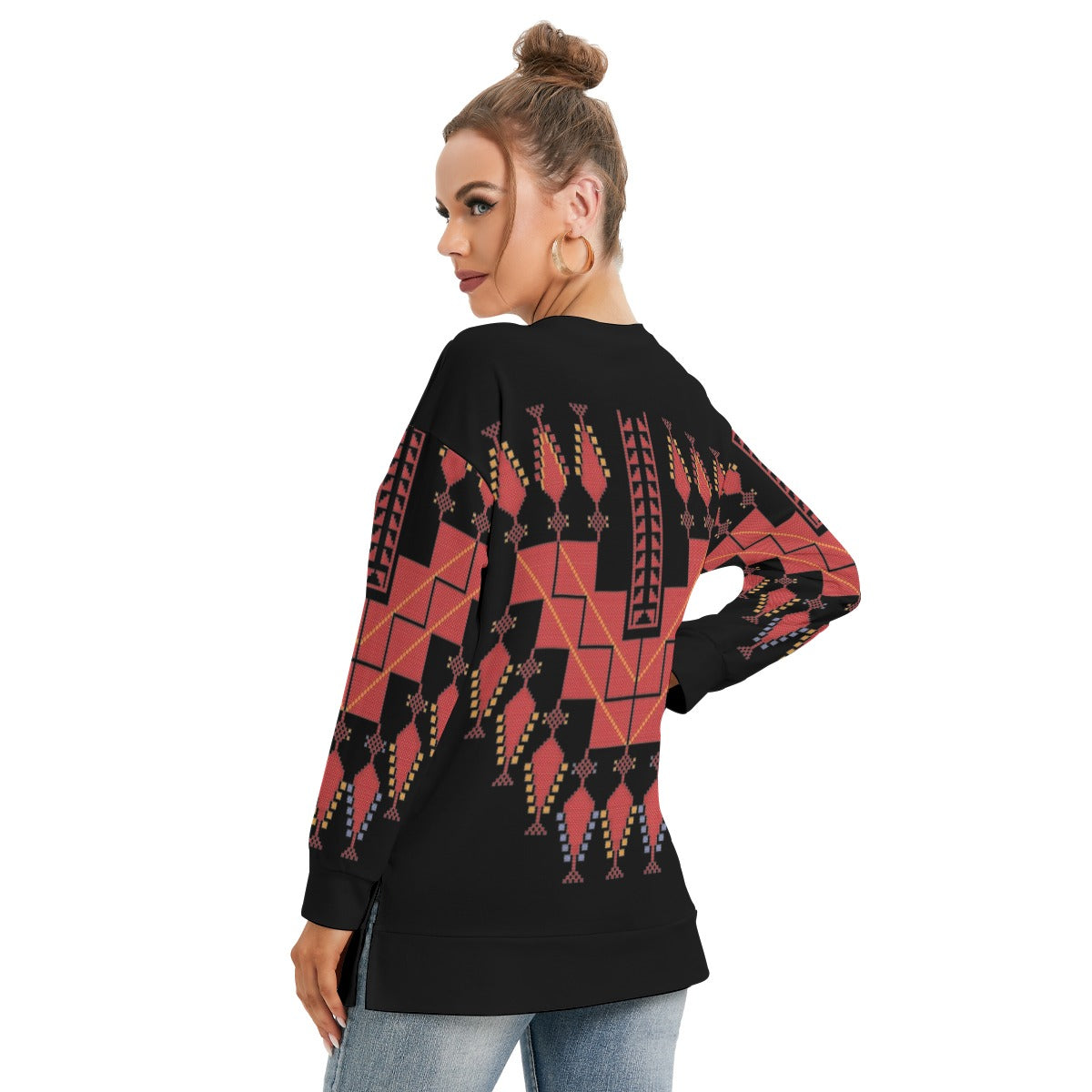 Palestinian Tatreez Print - All-Over Print Women's Side Split O-neck Sweatshirt, Red