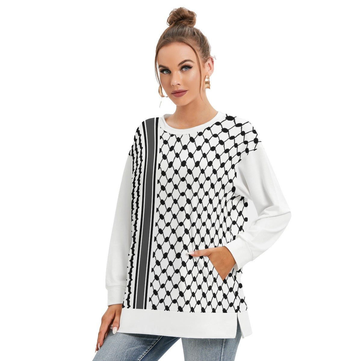 Palestinian Keffiyeh, Kufiyah All-Over Print Women's Side Split O-neck Sweatshirt