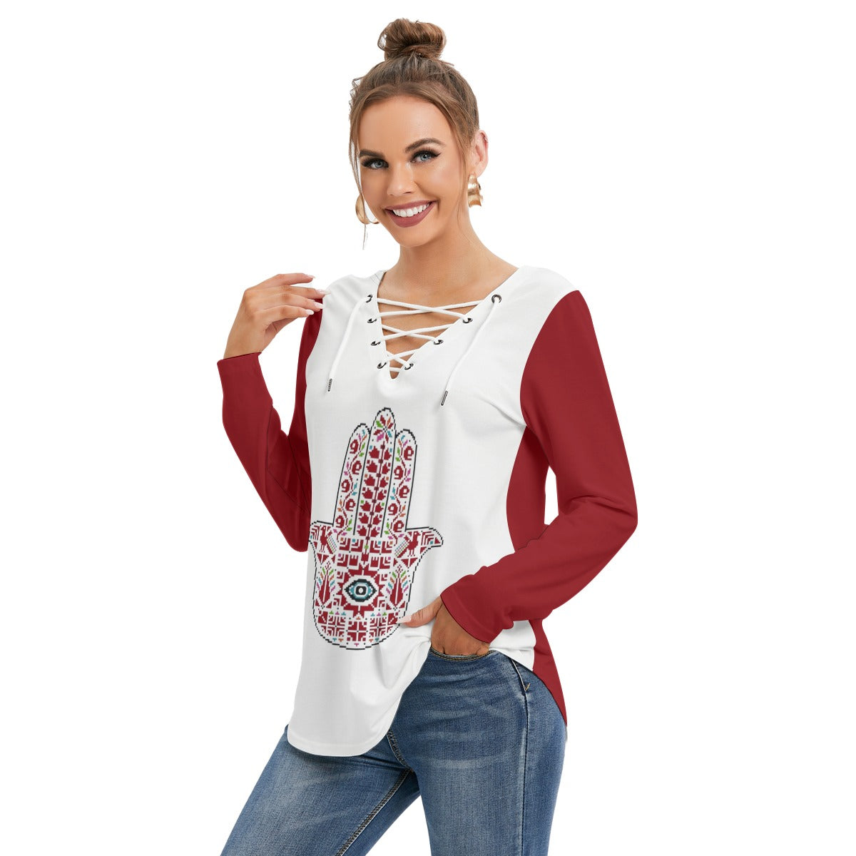 Palestinian Tatreez Hamsa Print Women's Long Sleeve Neckline Tie Sweatshirt, Red