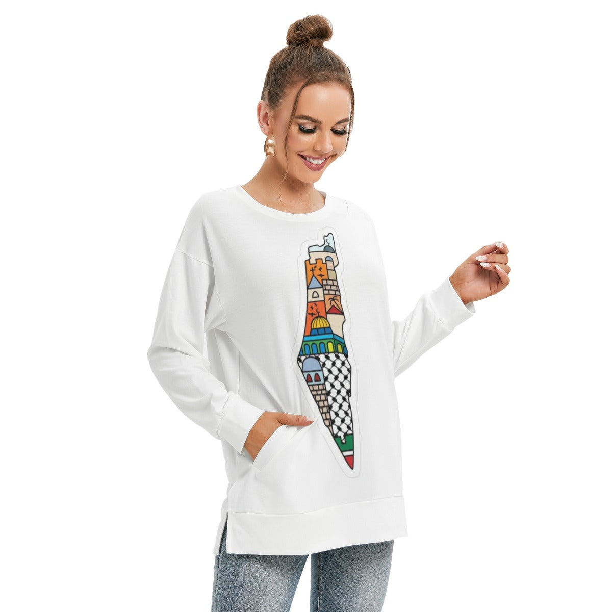 Palestinian Map All-Over Print Women's Side Split O-neck Sweatshirt