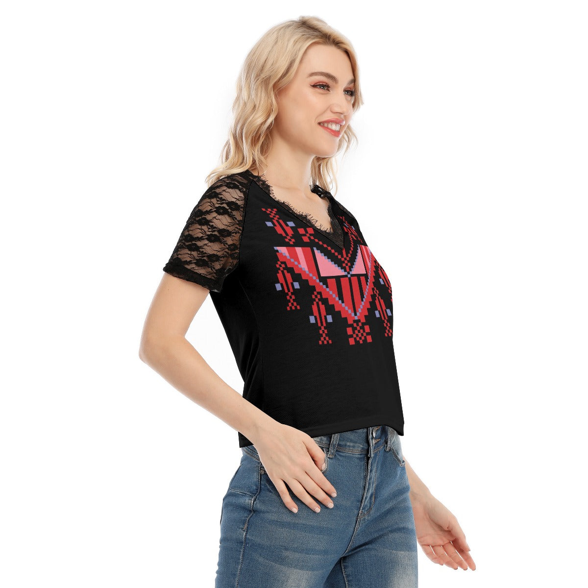 Palestinian Tatreez Print Women's V-neck T-shirt With Lace, Red